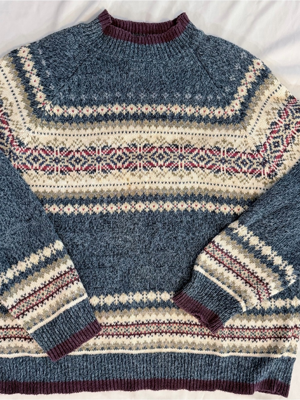 Vintage Tiara Women's Fair Isle Crewneck Sweater in Blue, Cream & Burgundy